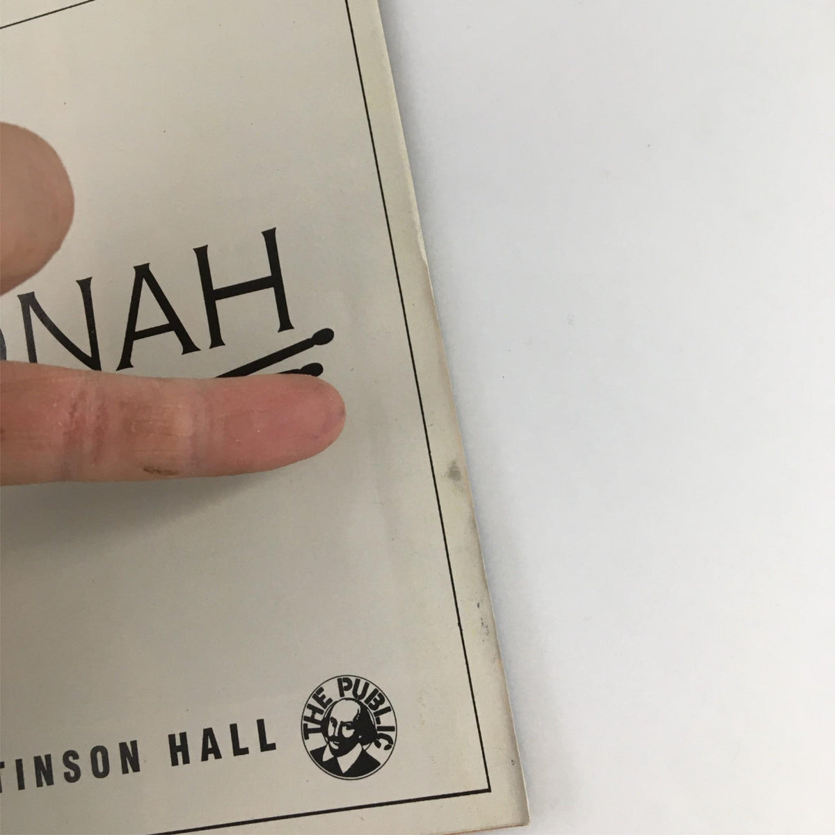 Cover page of the 1990 Playbill for 'Jonah' by New York Shakespeare Festival at Martison Hall, showcasing the title in bold text.