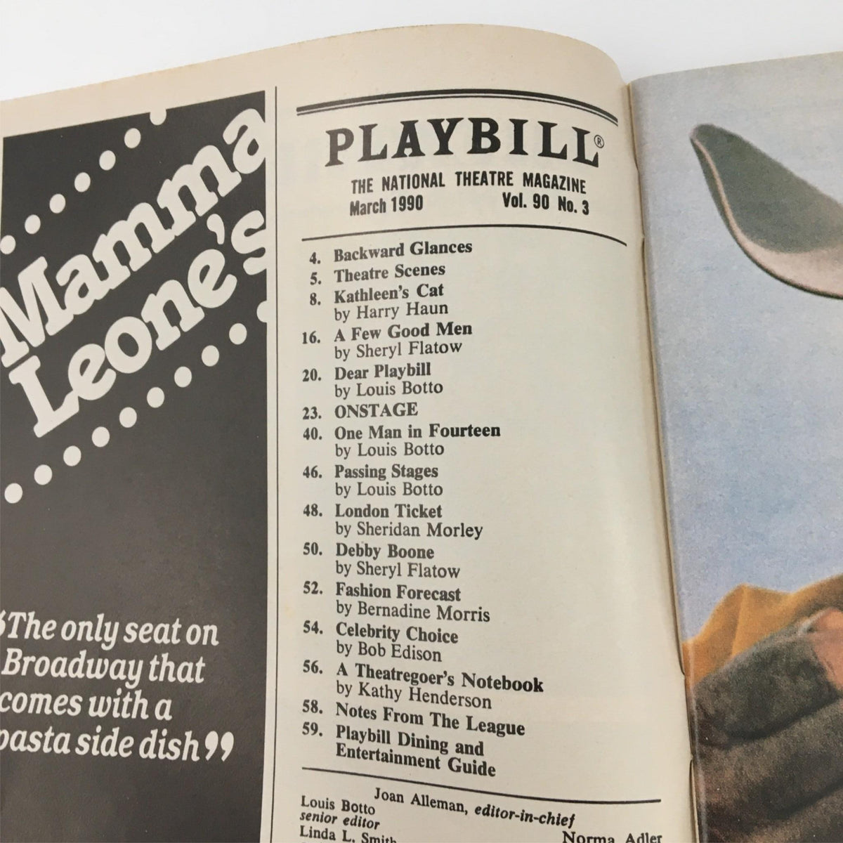 Interior page of the March 1990 Playbill featuring listings of other productions, including 'Mamma Leone's' and 'On Stage', highlighting the theatrical context of the period.