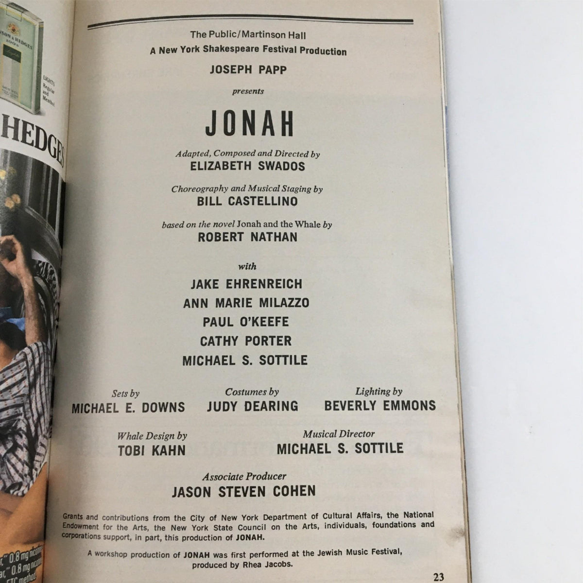 Detailed cast and crew page from the 1990 Playbill for 'Jonah' by New York Shakespeare Festival at Martison Hall, listing key contributors like Elizabeth Swados and Robert Nathan.