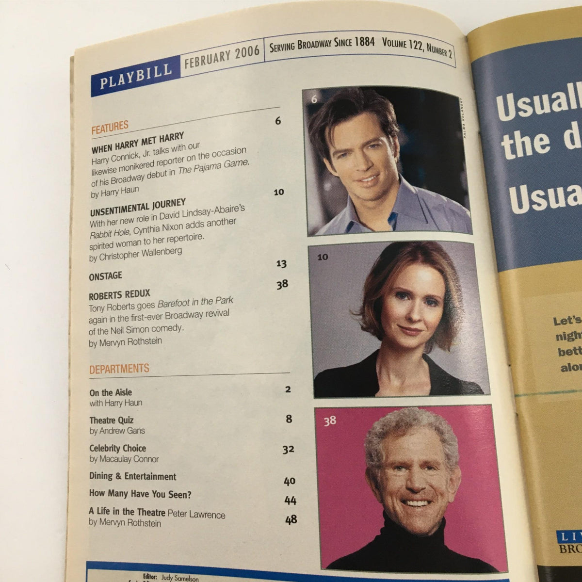 2006 Playbill for Rabbit Hole by Manhattan Theatre Club showing the February 2006 contents page with featured articles and celebrity profiles.