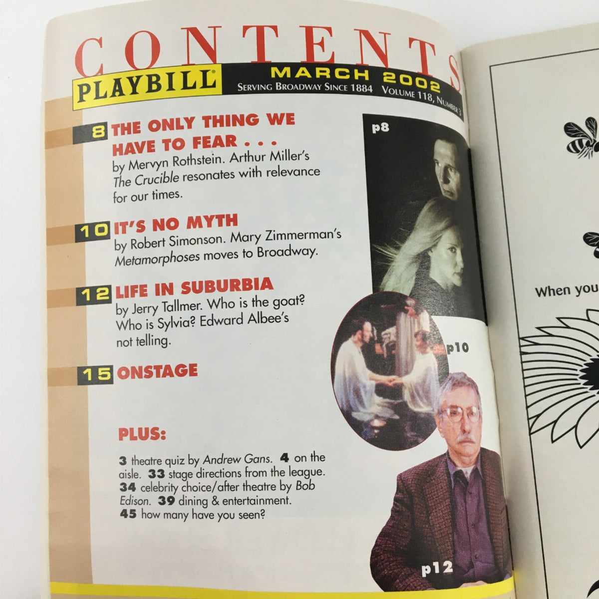 Contents page of the 2002 Playbill for The Carpetbagger's Children, highlighting articles including 'The Only Thing We Have to Fear' and 'Life in Suburbia'.