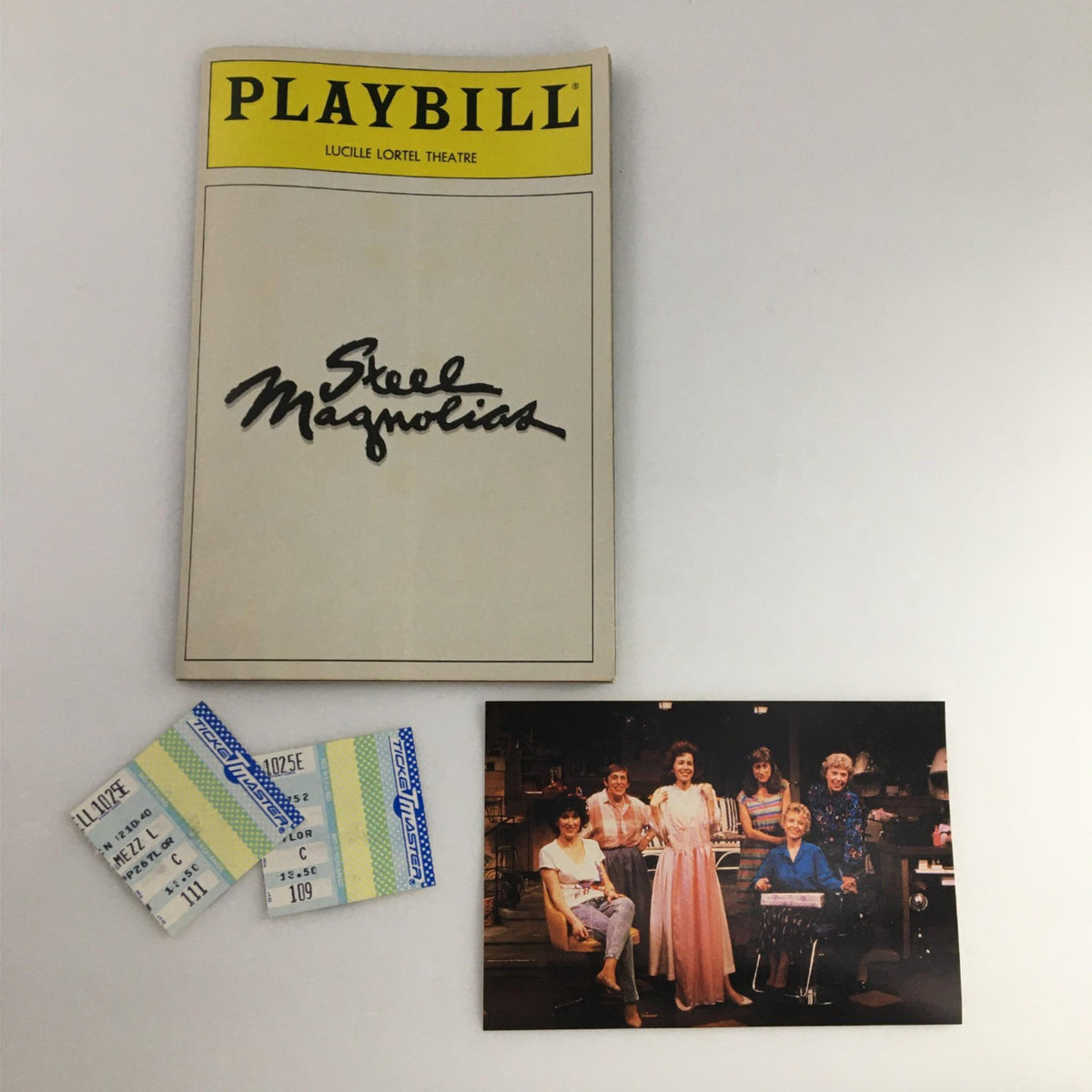 1988 Playbill for Steel Magnolias at Lucille Lortel Theatre, featuring the program cover, original tickets, and a cast photo.