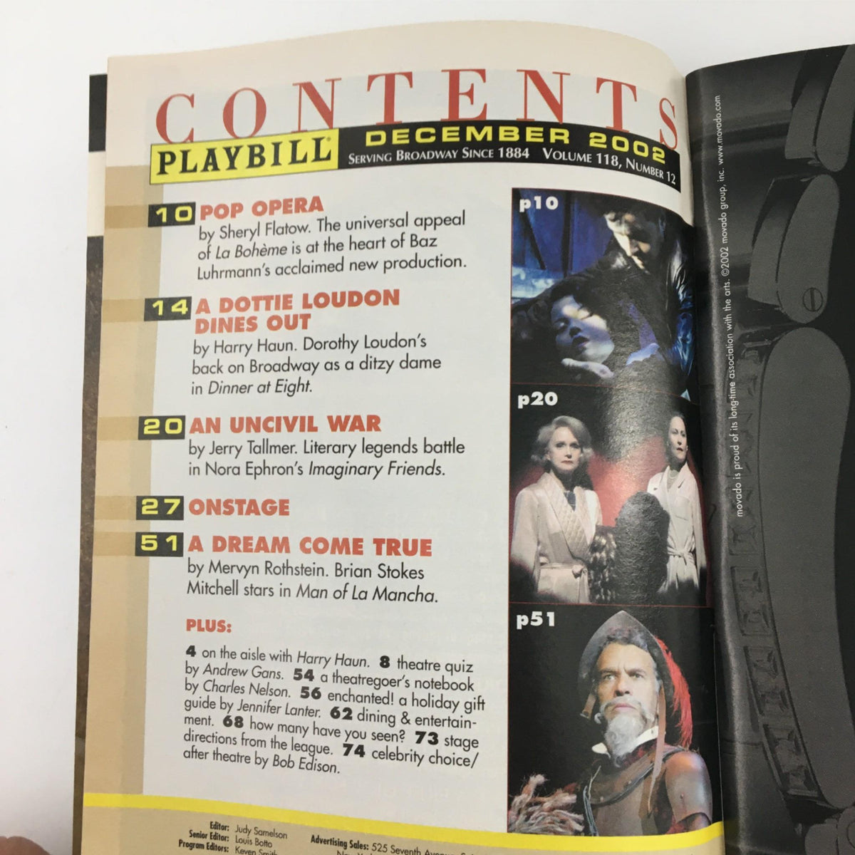 Inside page of the 2002 Playbill for 'Gone Home' displaying the table of contents from the December 2002 issue, showcasing various stage productions and articles.