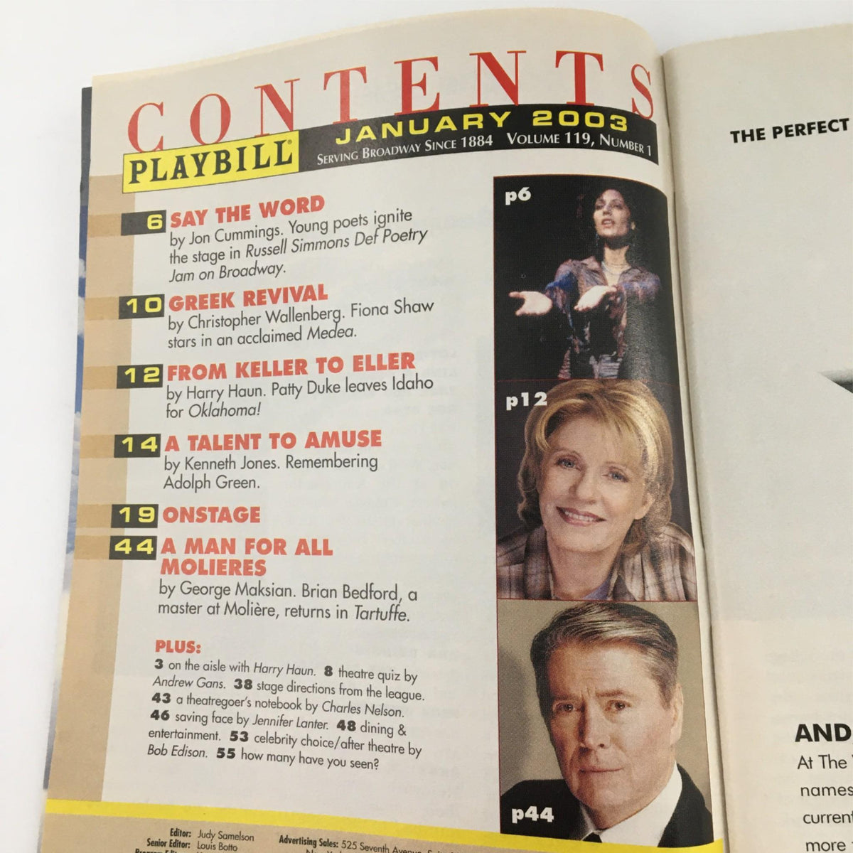 Table of contents from the January 2003 Playbill for Tartuffe, showcasing articles and highlights of the theatre.