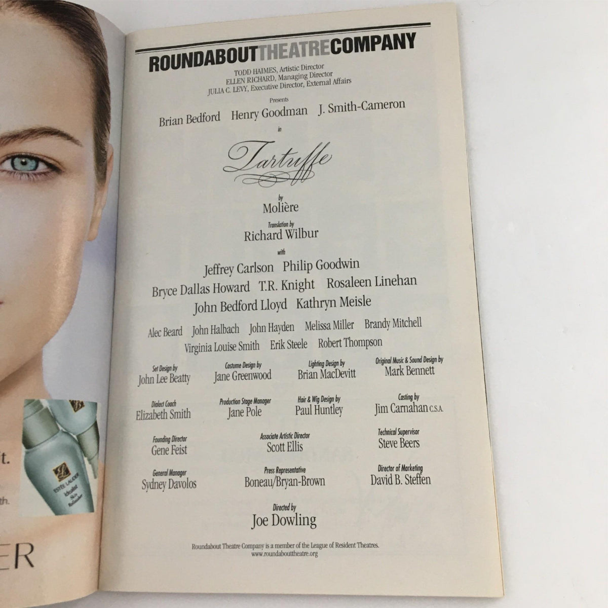 Listing of cast and crew for the production of Tartuffe in the 2003 Playbill, directed by Joe Dowling.