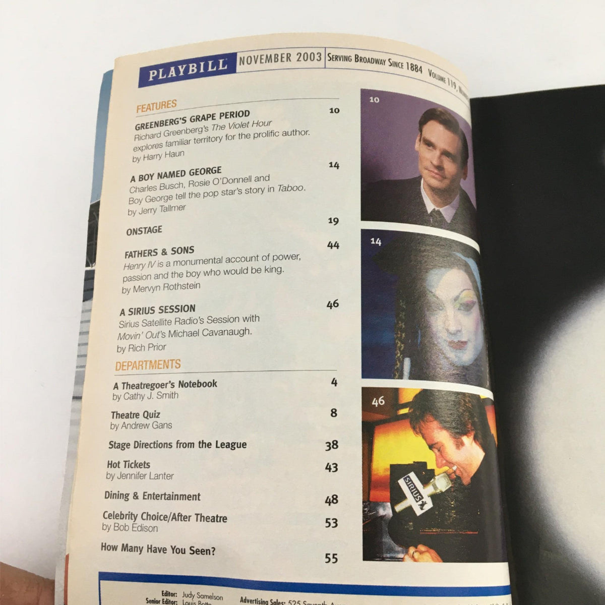 Interior page of the 2003 Playbill for Nothing but the Truth showing features and topics, highlighting theatrical contributions and notable performances.