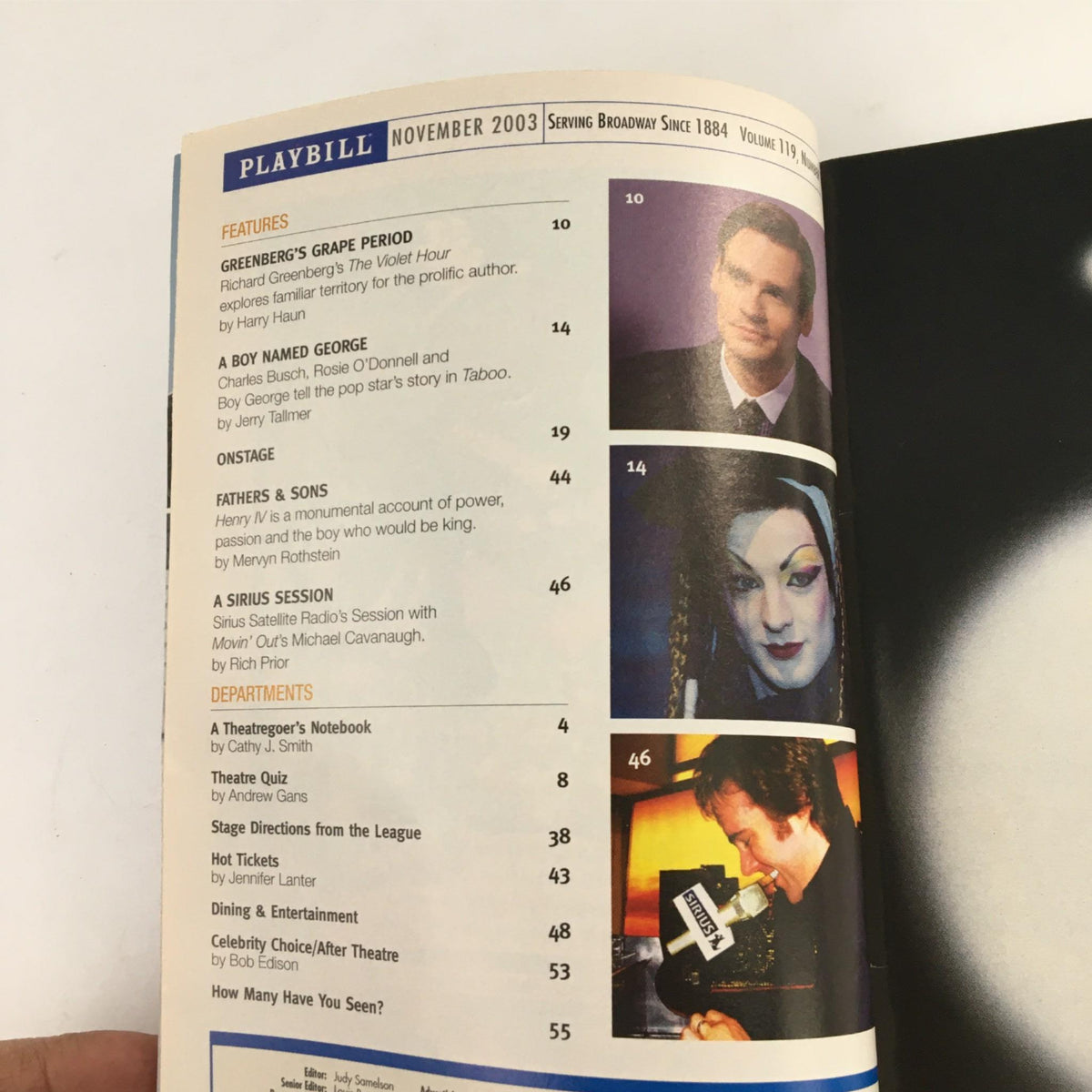 Inside pages of the 2003 Playbill for The Violet Hour, showcasing articles and features related to the play and its cast, produced by the Manhattan Theatre Club.