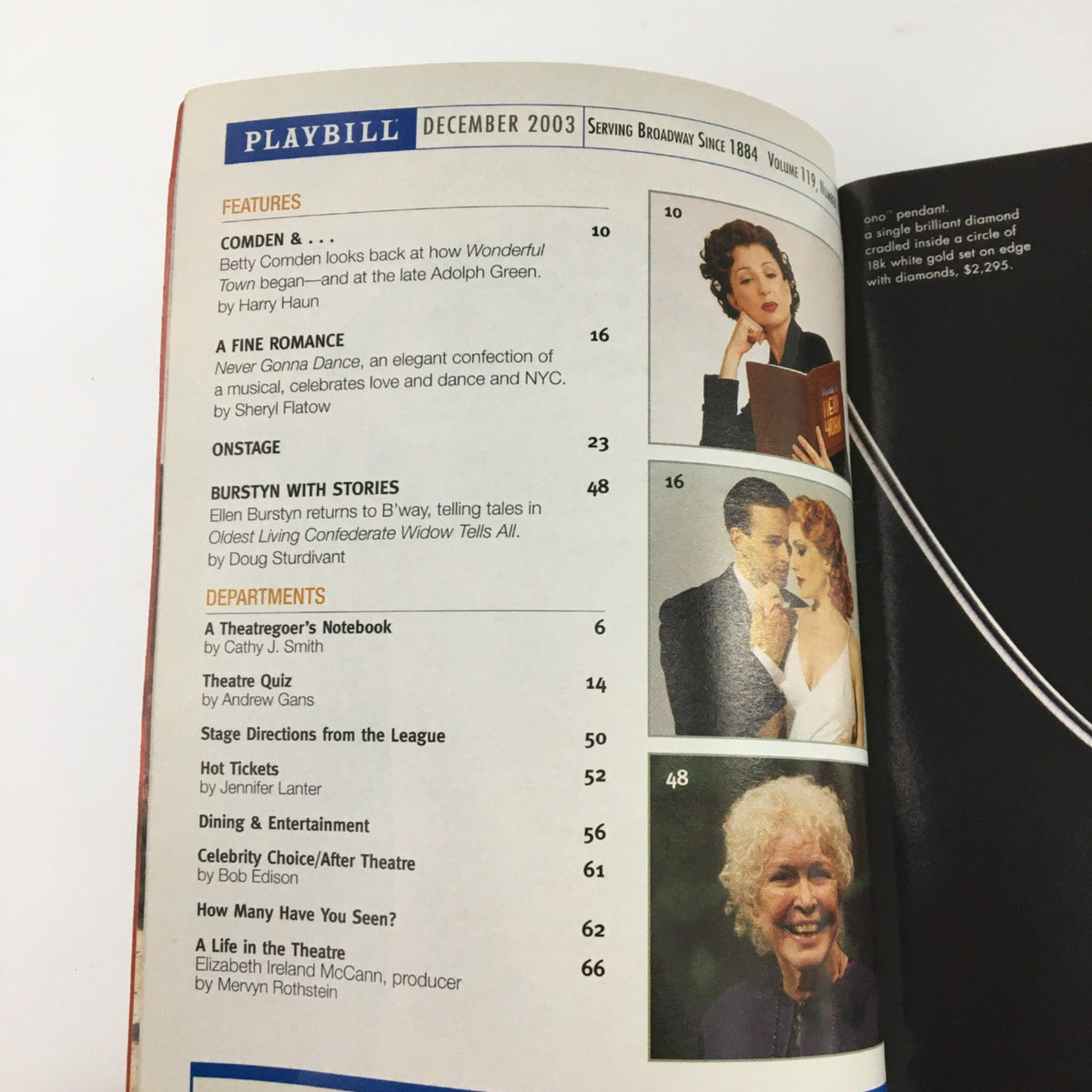 Inside page of the 2003 Playbill for 'Nobody Don't Like Yogi' showcasing features and articles from the theater, highlighting the performance's significance.