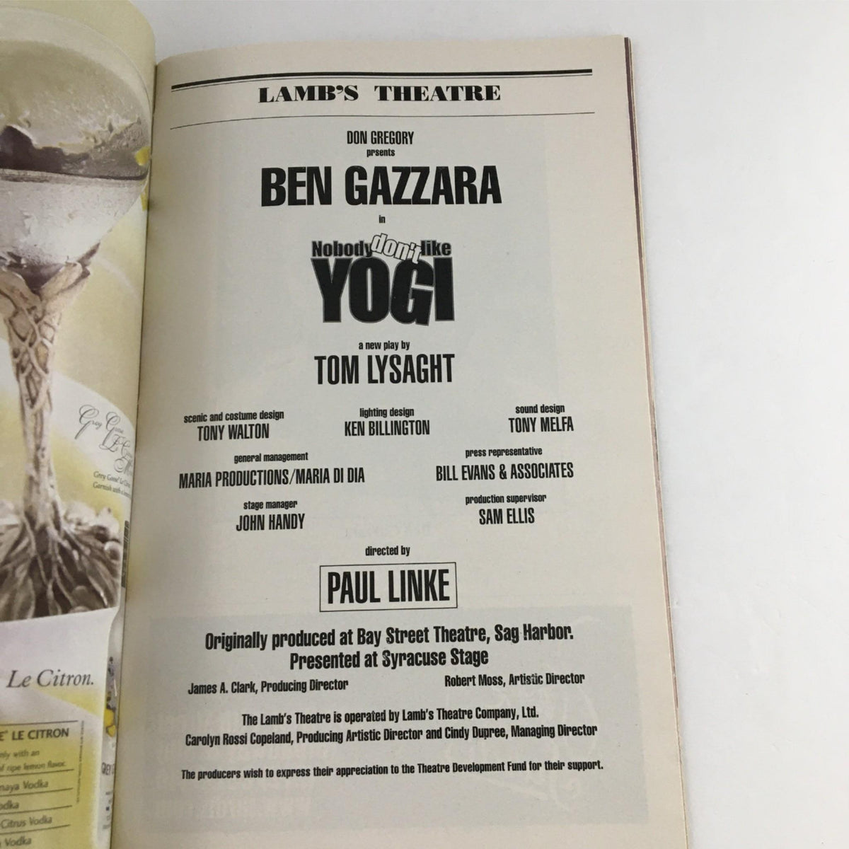 Program details from the 2003 Playbill for 'Nobody Don't Like Yogi,' including cast and crew information directed by Paul Linke at Lamb's Theatre.