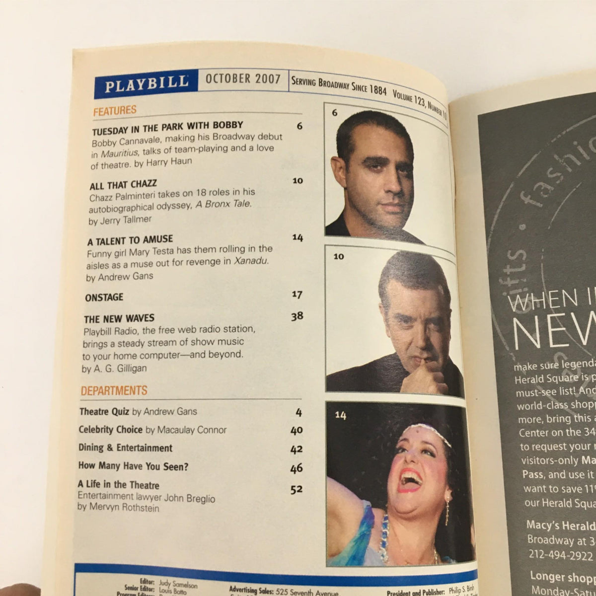 Inside page of the 2007 Playbill for Mauritius, showing features, cast details, and the table of contents from the October 2007 edition.