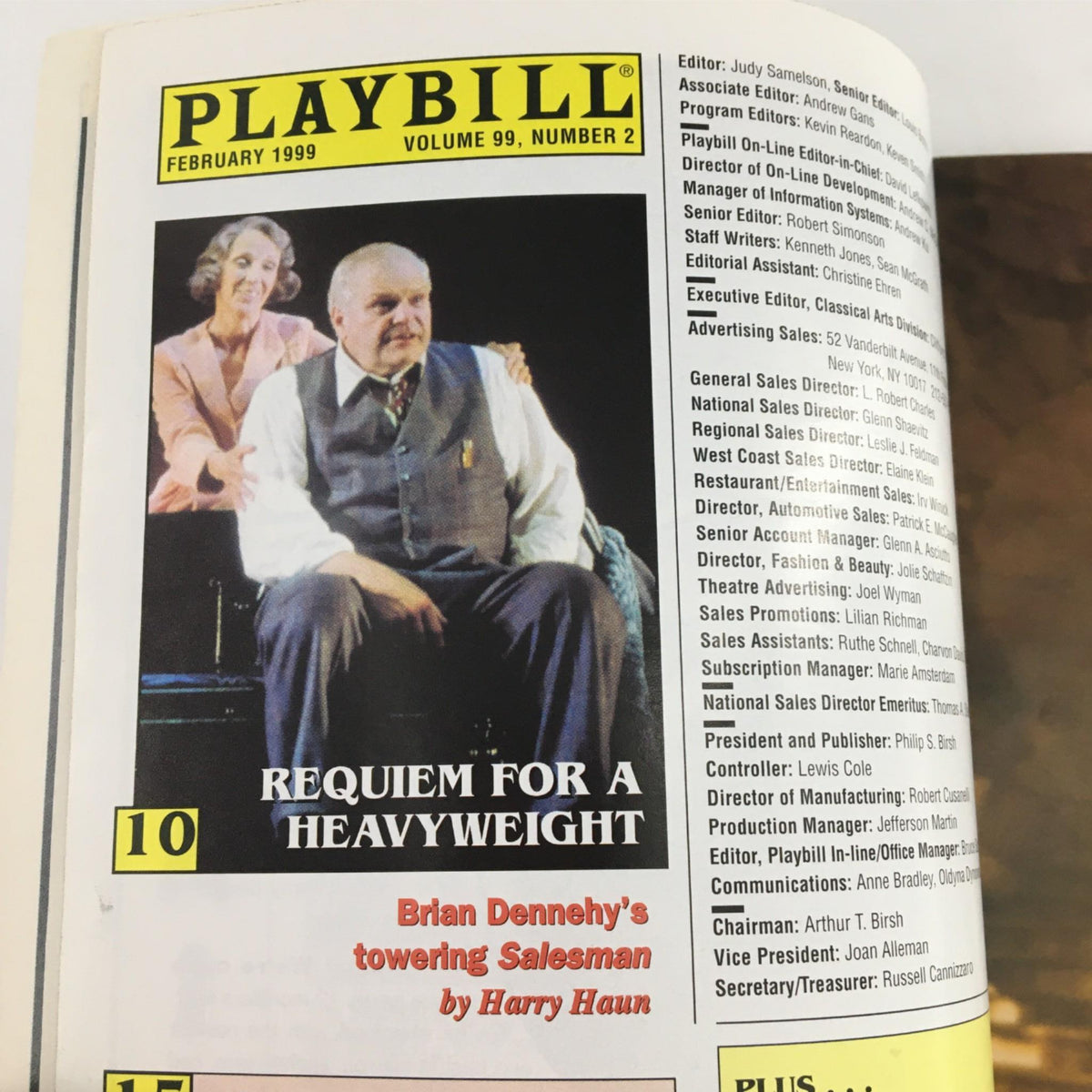 Inside page of the 1999 Playbill featuring 'Requiem for a Heavyweight,' highlighting actor Brian Dennehy, illustrating the vibrant world of live performances.