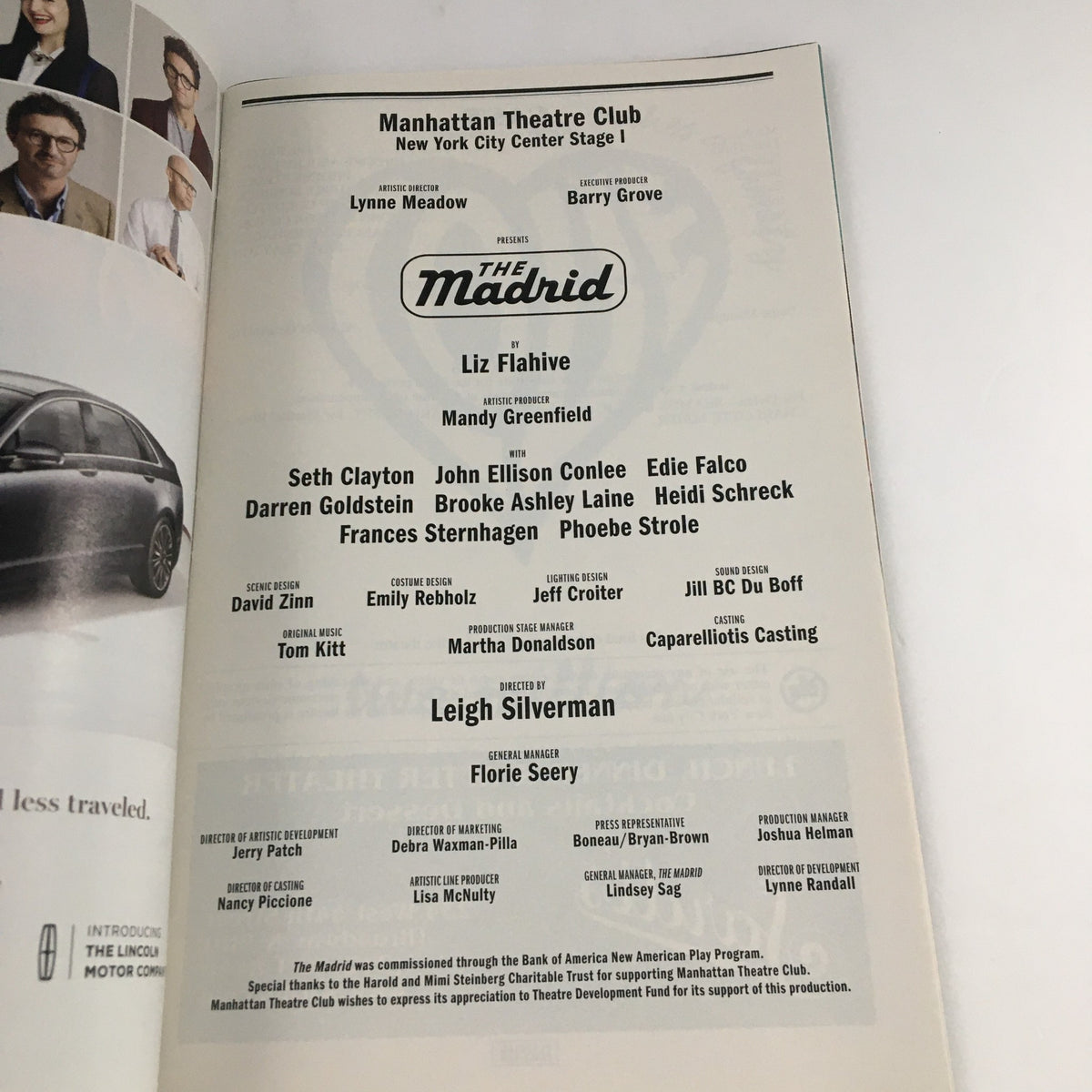Inside page of the 2013 Playbill for 'The Madrid' listing the cast and crew, including Seth Clayton and Edie Falco, at Manhattan Theatre Club.