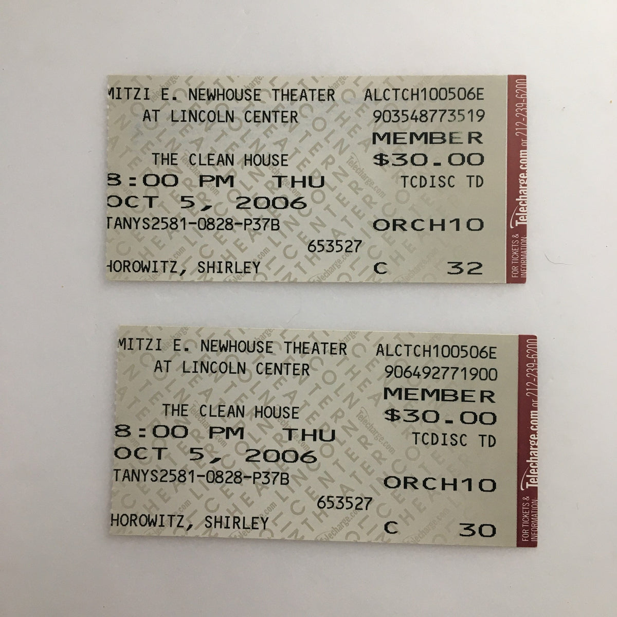 Original tickets for 'The Clean House' from the 2006 Playbill at the Mitzi E. Newhouse Theater.
