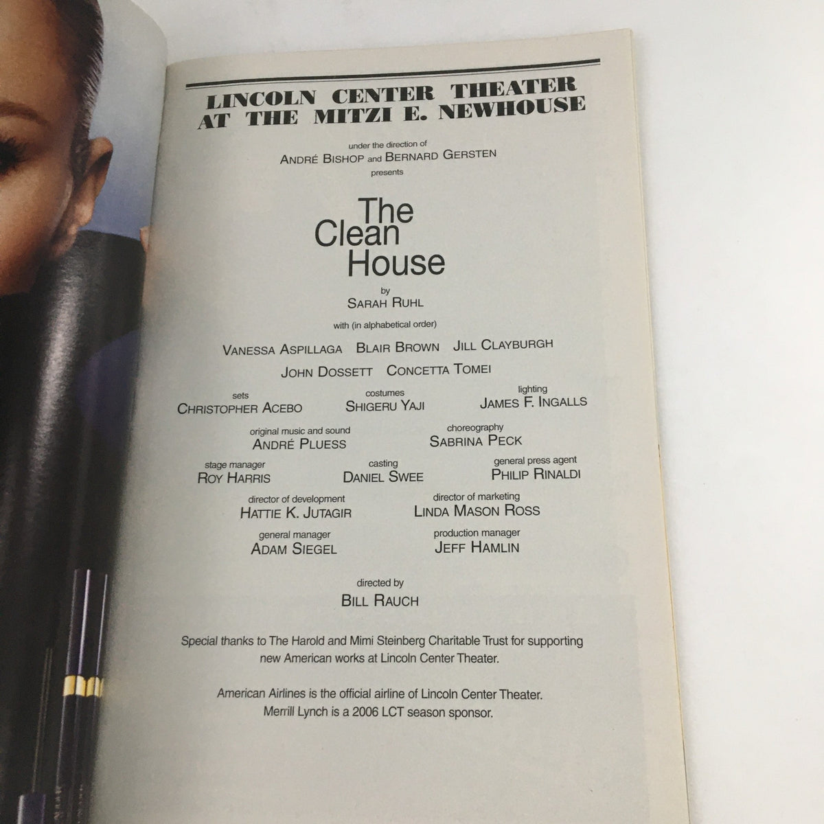 Inside page of the 2006 Playbill for 'The Clean House' at the Mitzi E. Newhouse Theater featuring cast details.