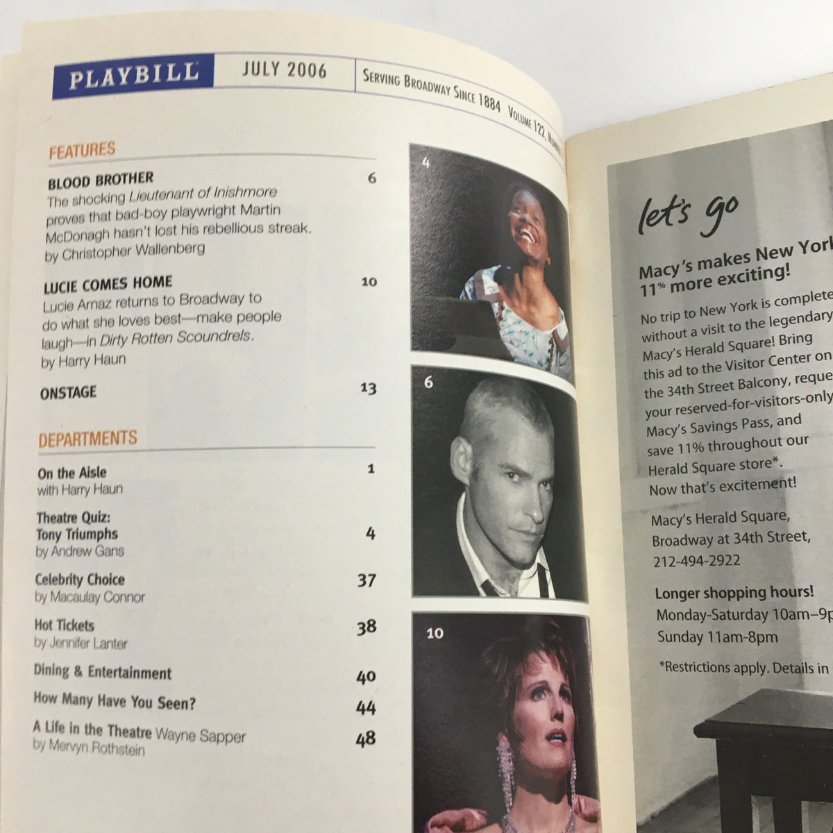 July 2006 Playbill with a selection of featured Broadway shows, including 'Blood Brother' and 'Lucie Comes Home,' indicating broad ranging performances in the theater.
