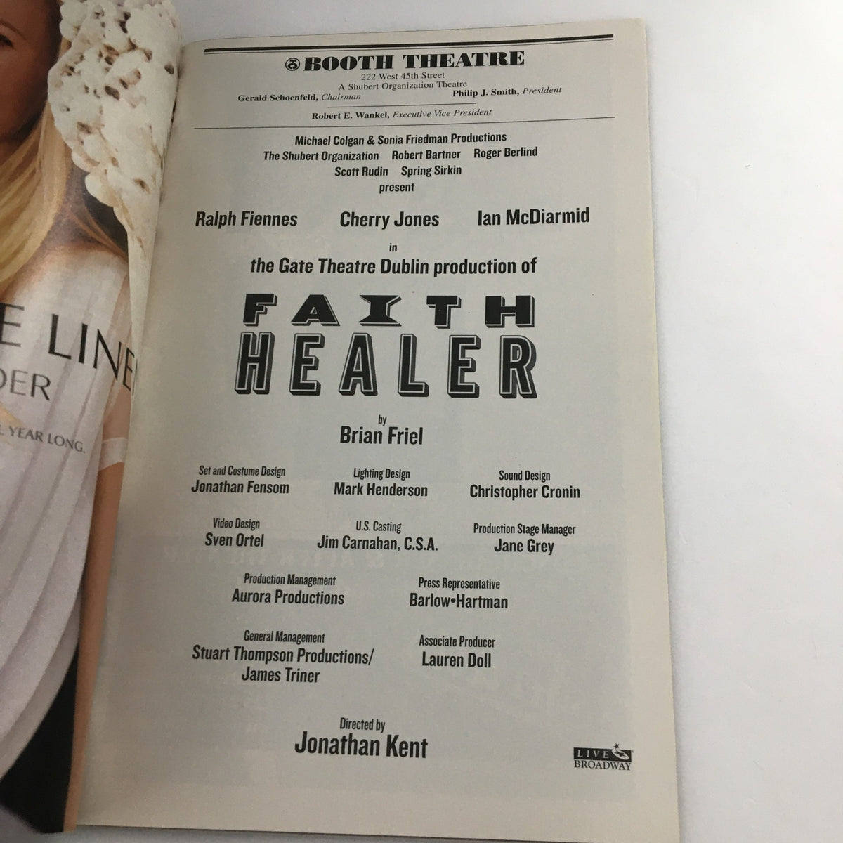 Back page of the 2006 Playbill for 'Faith Healer' detailing the production staff and cast credits, including Ralph Fiennes and Ian McDiarmid.