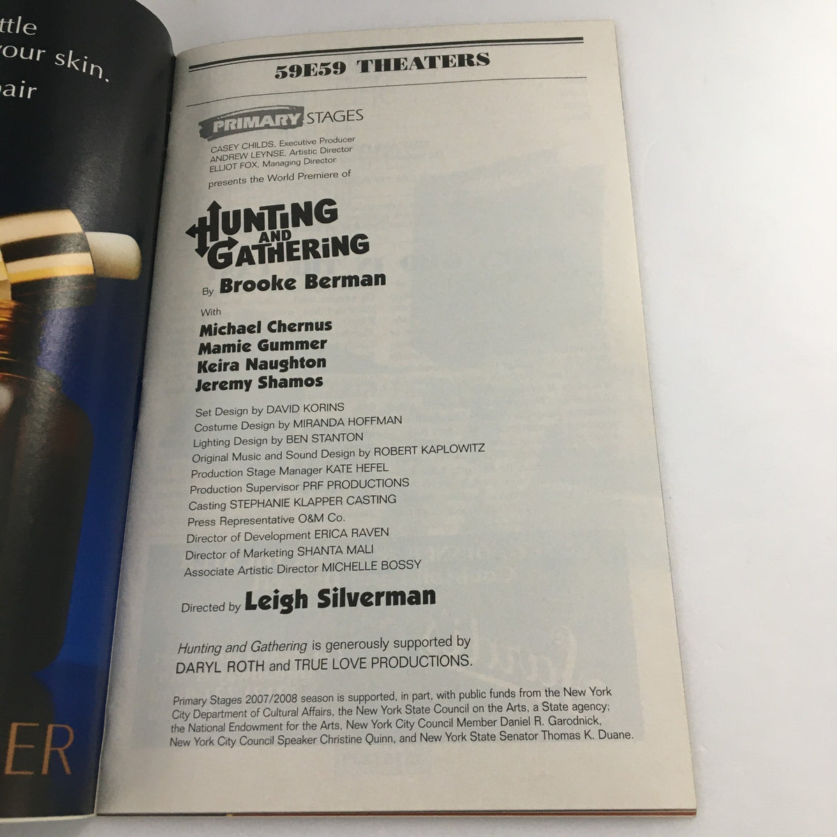 Additional page from the Playbill for 'Hunting and Gathering' at 59E59 Theaters, detailing key cast and creative team members including director Leigh Silverman.