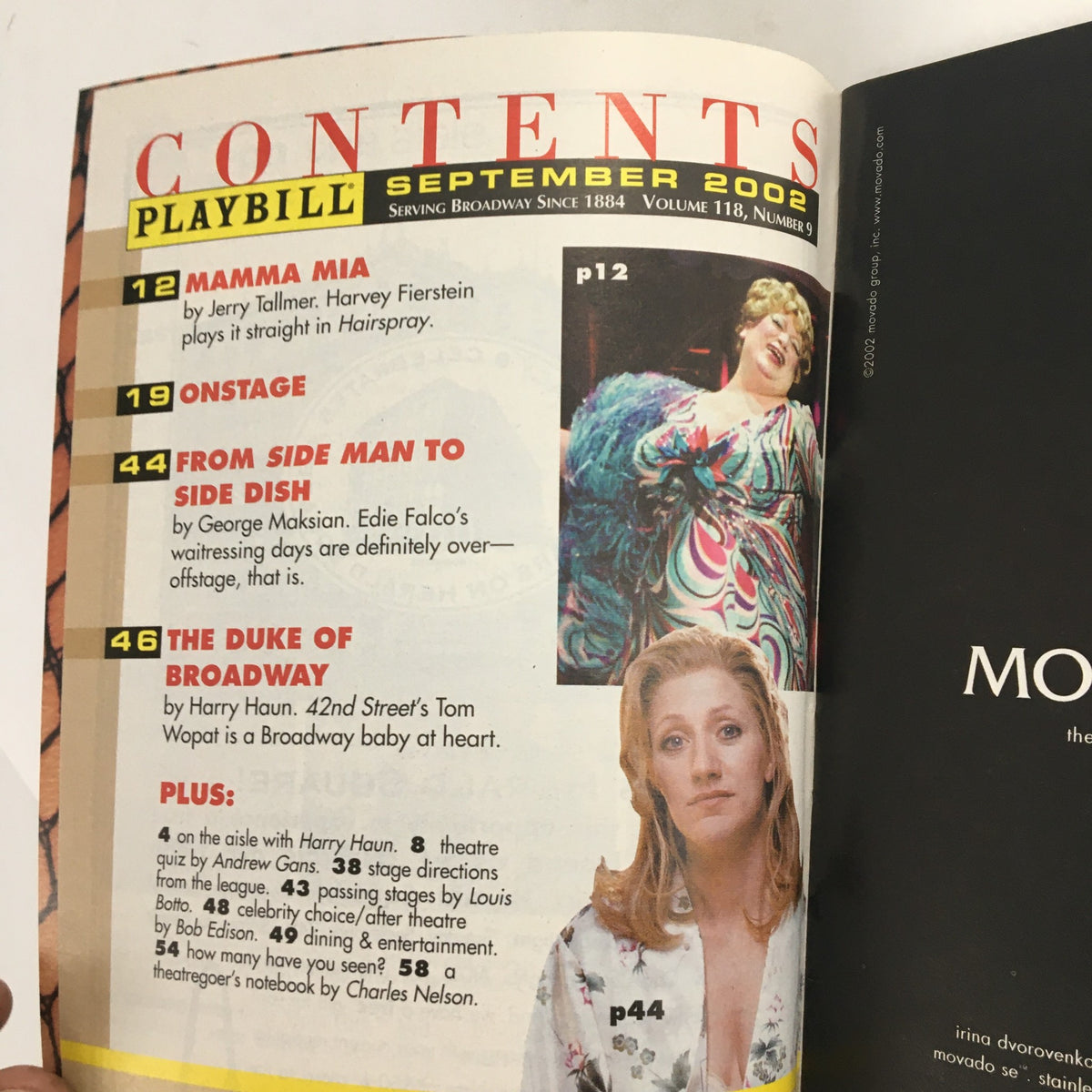 Contents page of the 2002 Playbill from Promenade Theatre showcasing features including 'Mamma Mia' and 'The Duke of Broadway'.