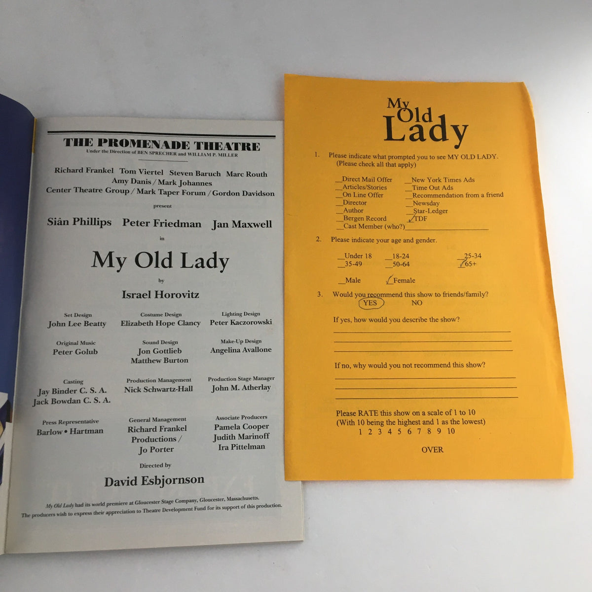 2002 Playbill from Promenade Theatre for 'My Old Lady', featuring Sian Phillips and Peter Friedman, showcasing pages and commentary from the production.