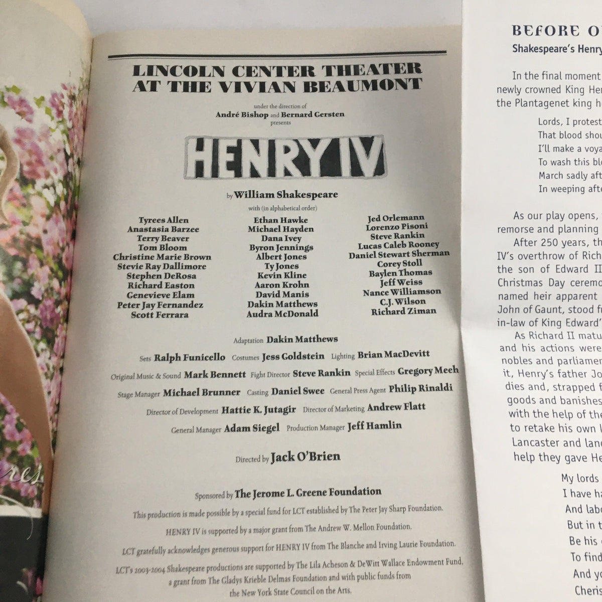 2003 Playbill Vivian Beaumont 'Henry IV' showcasing the cast and production staff names, highlighting the talents of Tyrees Allen, Ethan Hawke, and Jed Orlemann.