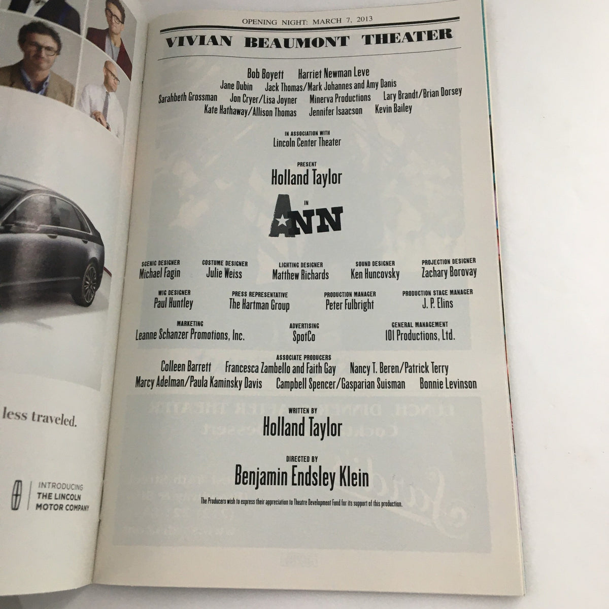 Opening night cast list page of the 2013 Playbill from Vivian Beaumont Theater 'Ann', featuring the production team and performers.