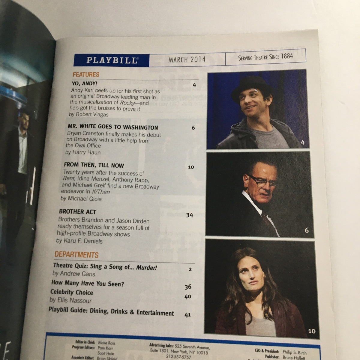 Inside page of the 2014 Playbill for 'Outside Mullingar' showcasing feature articles and cast members, including Andrew Gans and Brian F. O'Byrne.