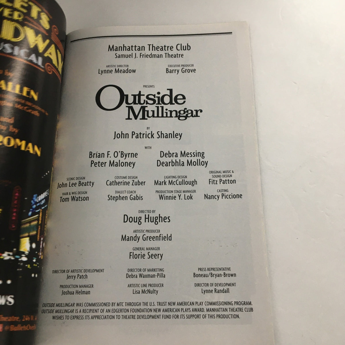 Credits page from the 2014 Playbill of 'Outside Mullingar' detailing the production team and key contributors, including John Patrick Shanley and director Doug Hughes.