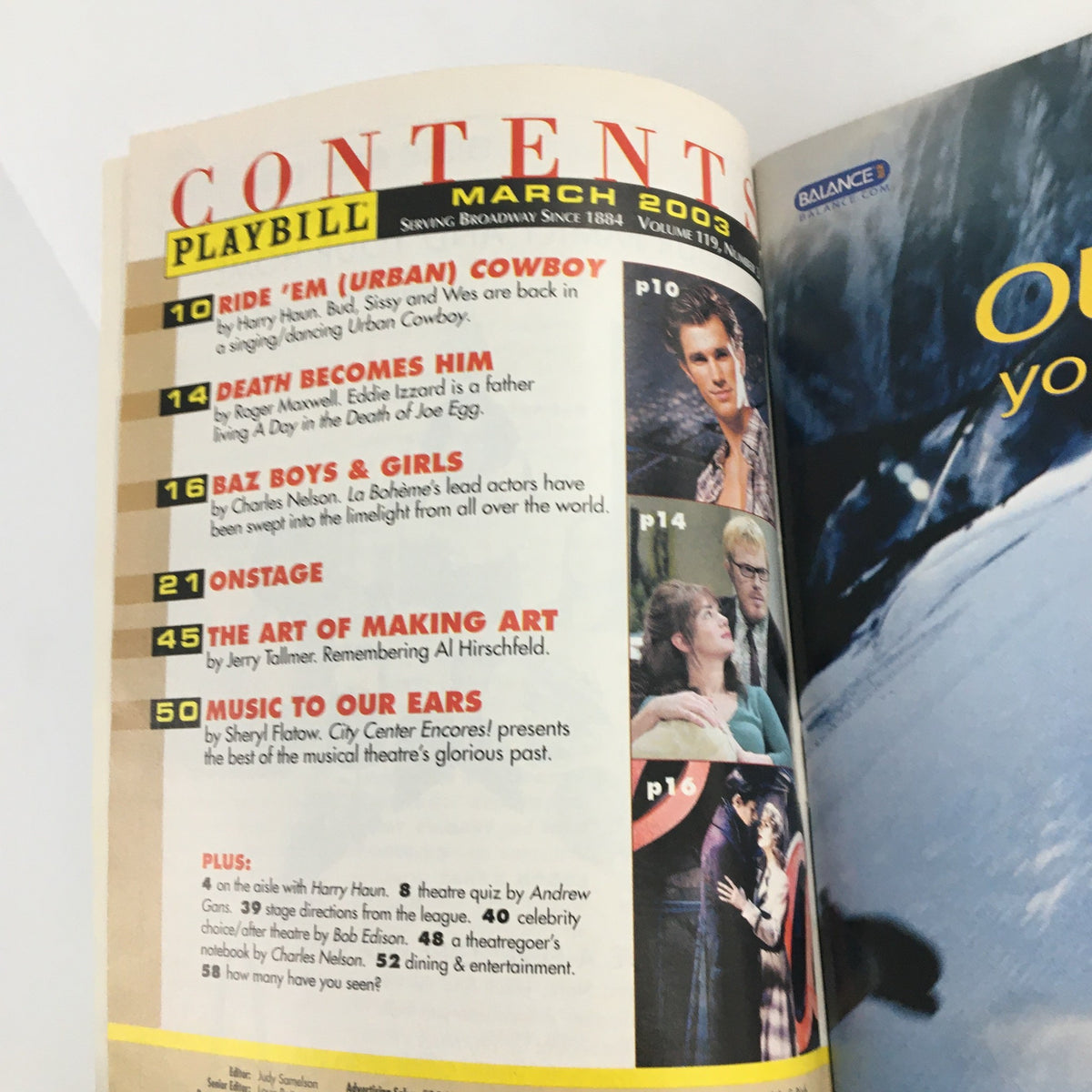 March 2003 Playbill content page from Observe The Sons of Ulster Marching Towards Somme, highlighting various articles and features.