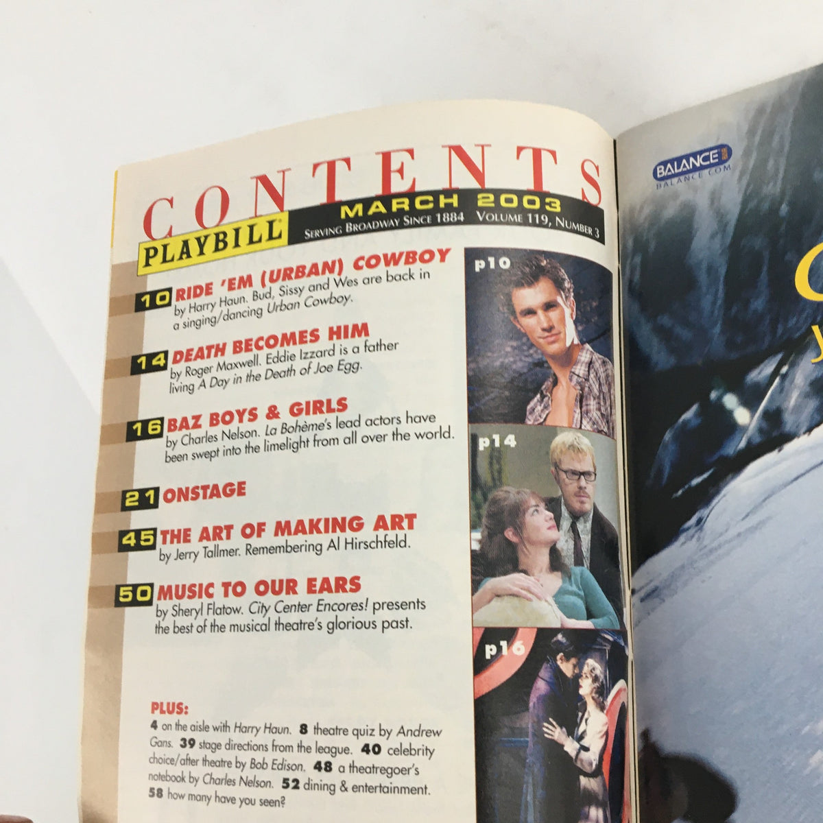 Contents page of the March 2003 Playbill featuring 'Barbra's Wedding' at Westside Theatre, showcasing production details and featured shows.