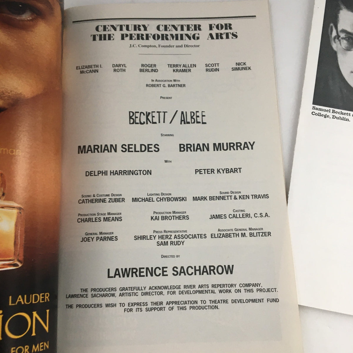 2003 Playbill for 'Beckett/Albee' at the Century Center, displaying the interior page with actor listings and production roles.