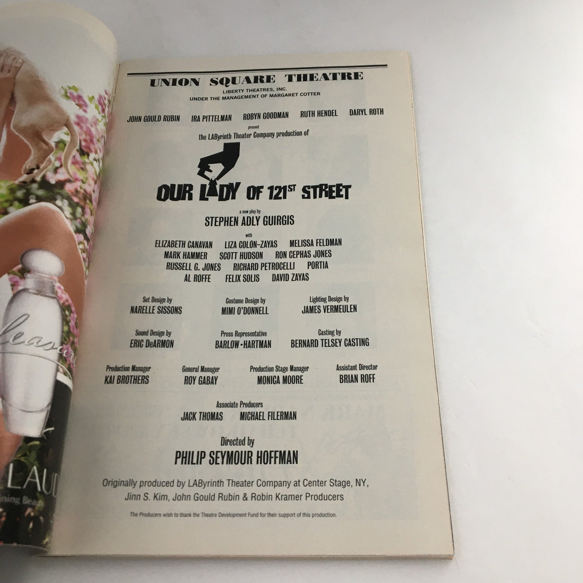 Inside view of the 2003 Playbill from Union Square Theatre for 'Our Lady of 121st Street', showcasing the cast and creative team details, including notable names like Elizabeth Canavan.