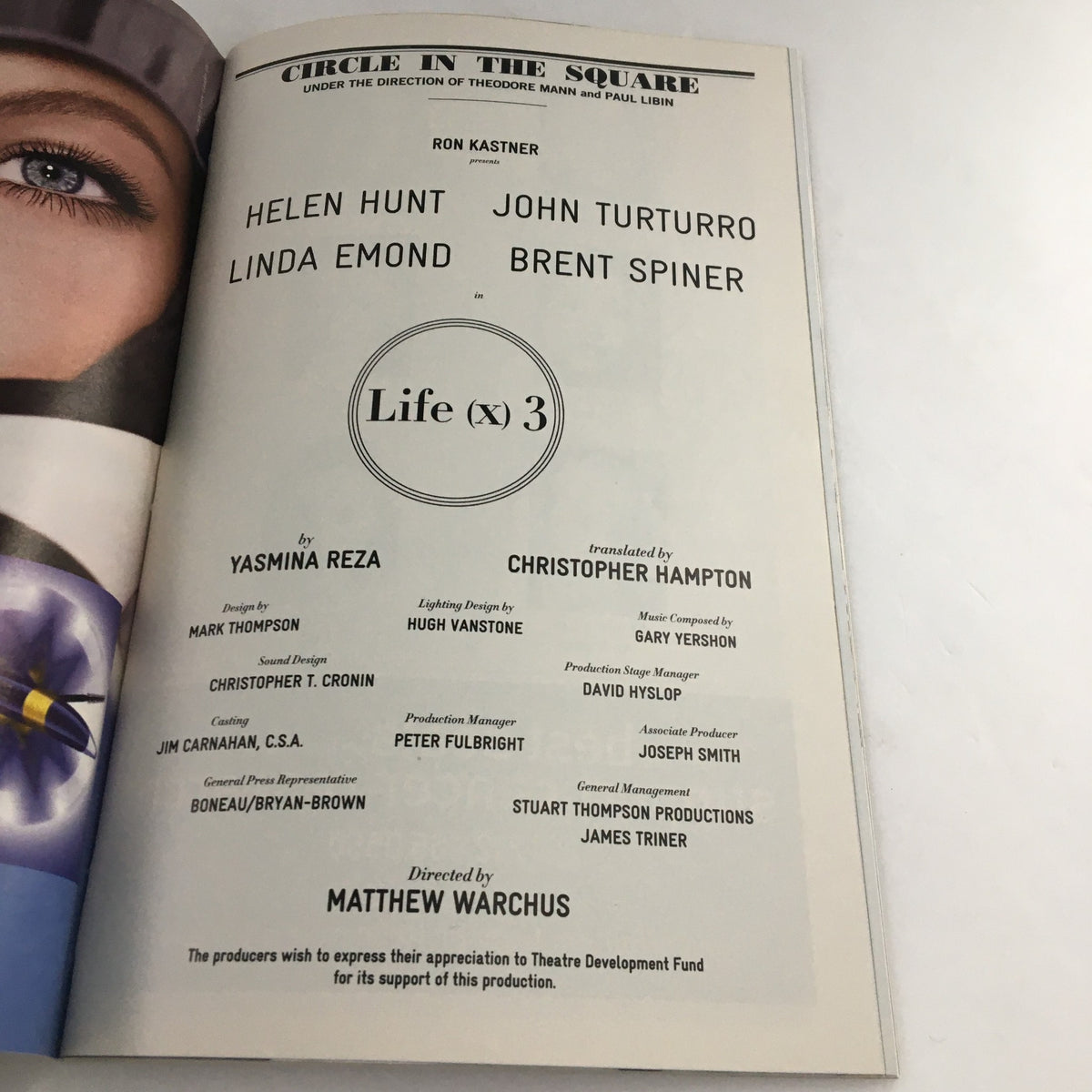 2003 Playbill for 'Life x 3' featuring Helen Hunt and John Turturro at Circle in the Square, showcasing cast and production details.