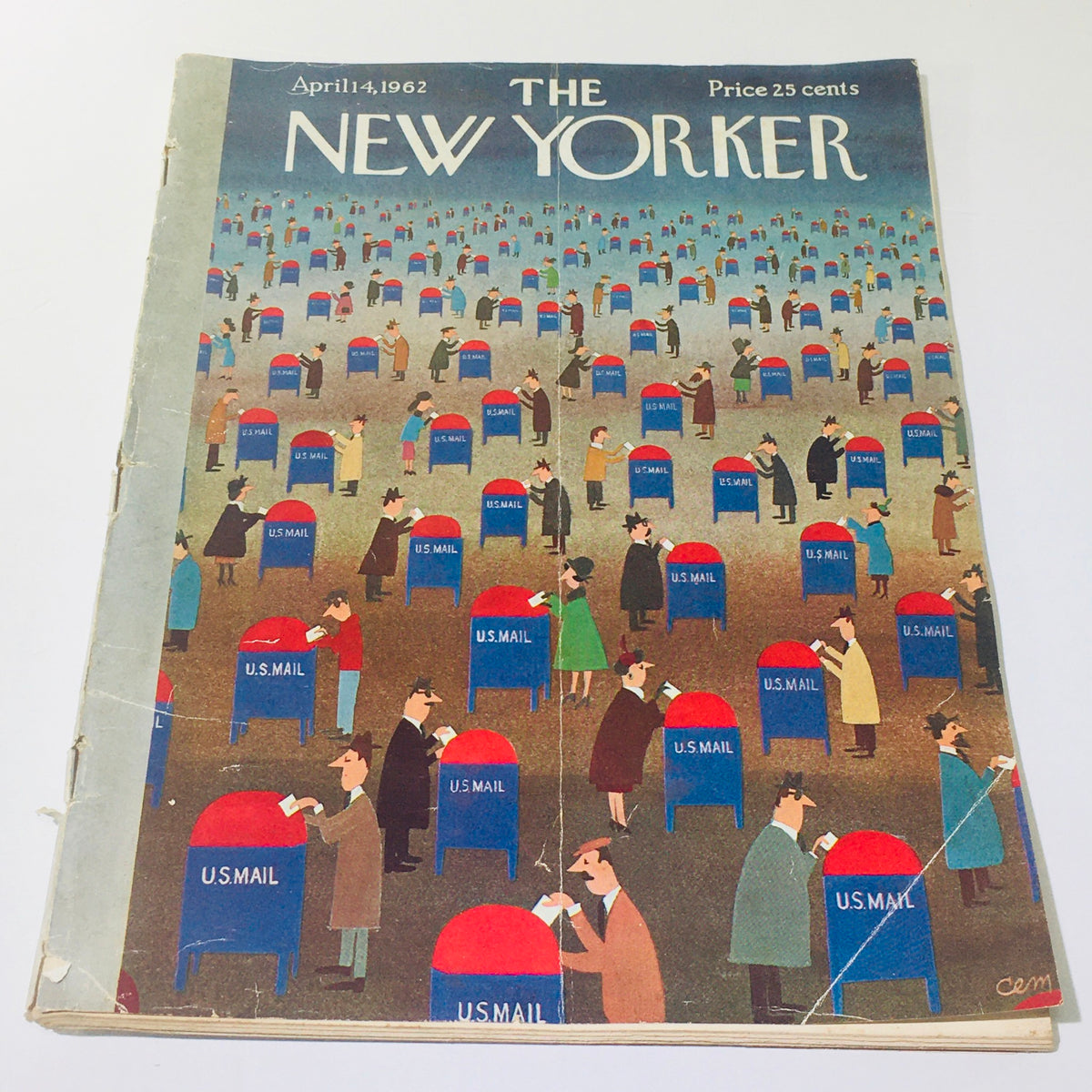 The New Yorker: April 14 1962 magazine cover featuring a colorful illustration of people mailing letters at bright red mailboxes, showcasing artistic design by Charles E. Martin.