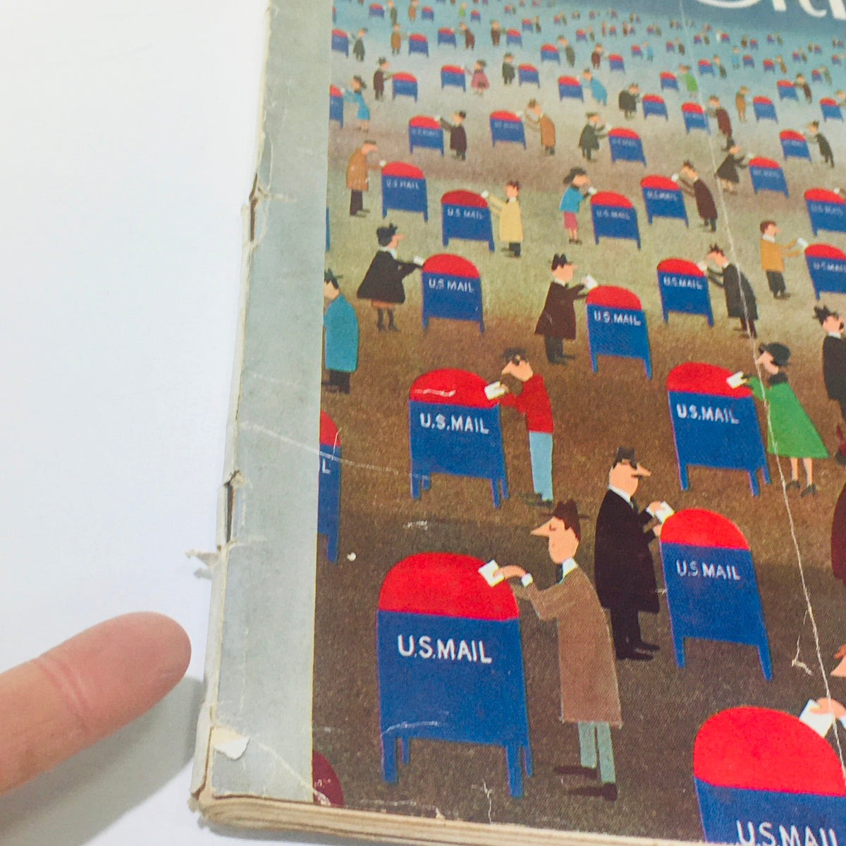 The New Yorker: April 14 1962 - Close-up image of the magazine cover revealing a scene with people interacting with U.S. Mailboxes, showcasing the artistic illustration by Charles E. Martin.