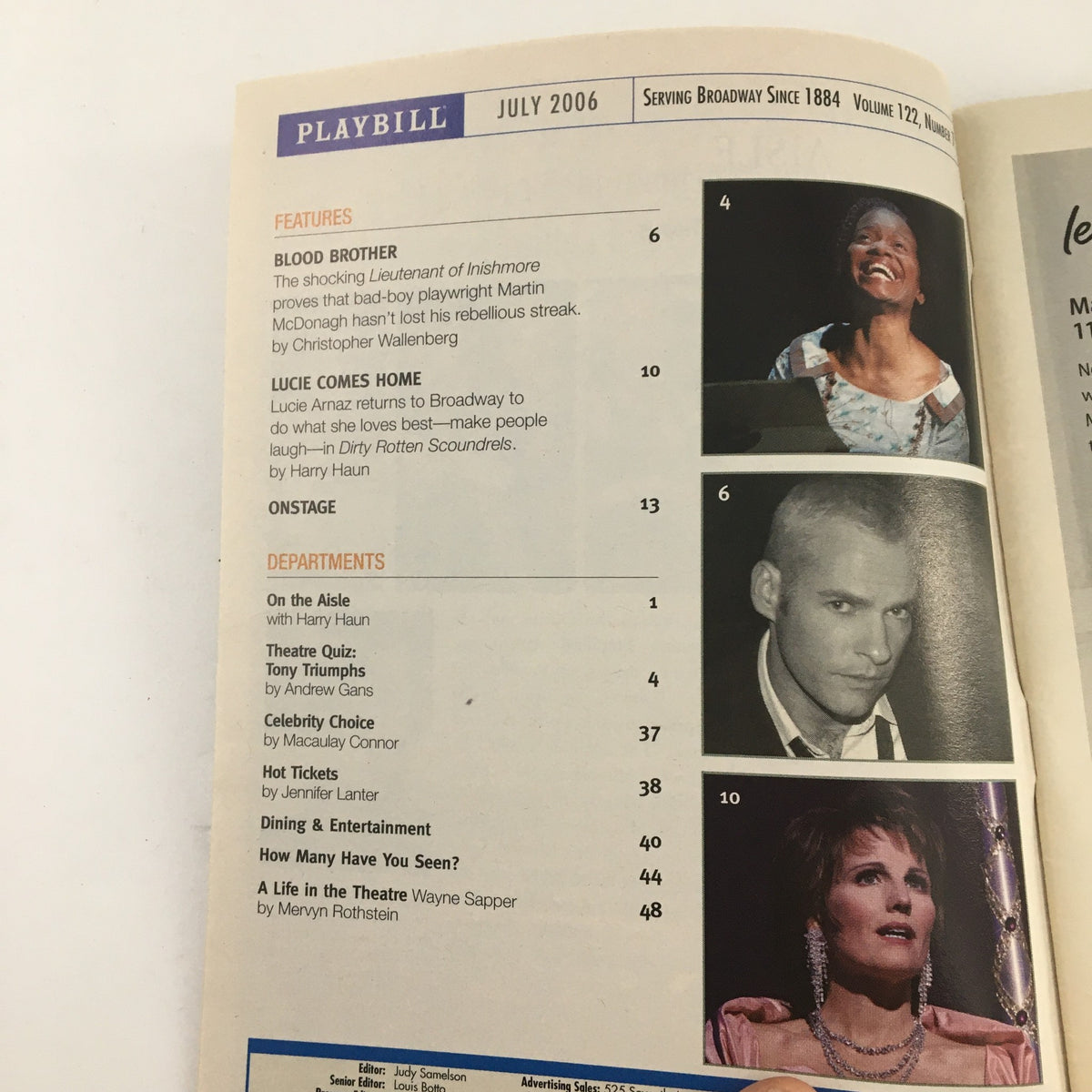 Inside page of the 2006 Playbill for Bridge & Tunnel, July issue, highlighting features and departments related to theater.
