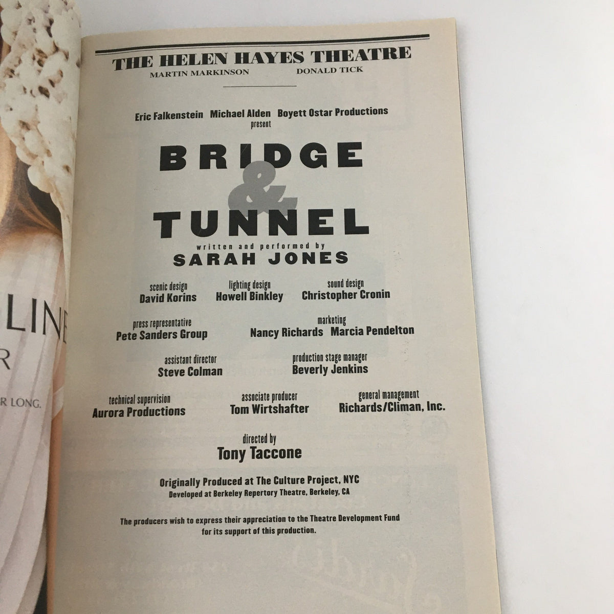 Details page from the 2006 Playbill for Bridge & Tunnel, listing the cast and crew including Sarah Jones, produced at the Helen Hayes Theatre.