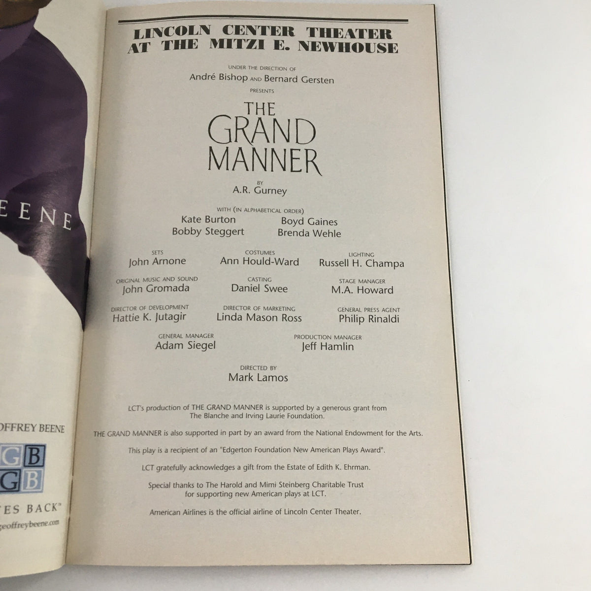 Credits and cast information page from the 2010 Playbill for 'The Grand Manner' at the Mitzi E. Newhouse Theatre.