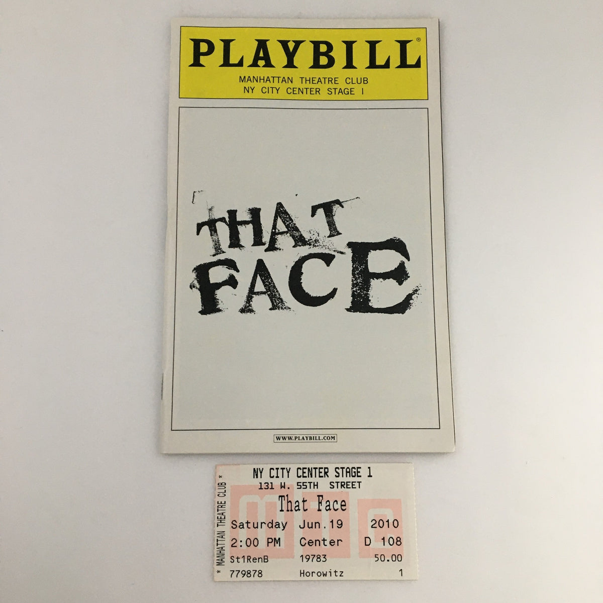 2010 Playbill for the NY City Center Stage I production 'That Face', featuring the original ticket from the performance.