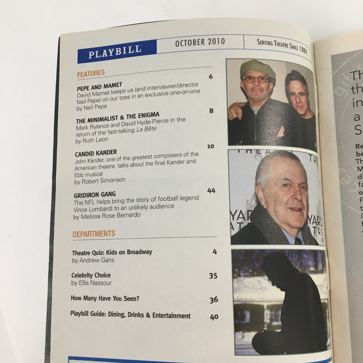 Inside page of the 2010 Playbill 'Women on the Verge of a Nervous Breakdown' featuring articles and features from October 2010.