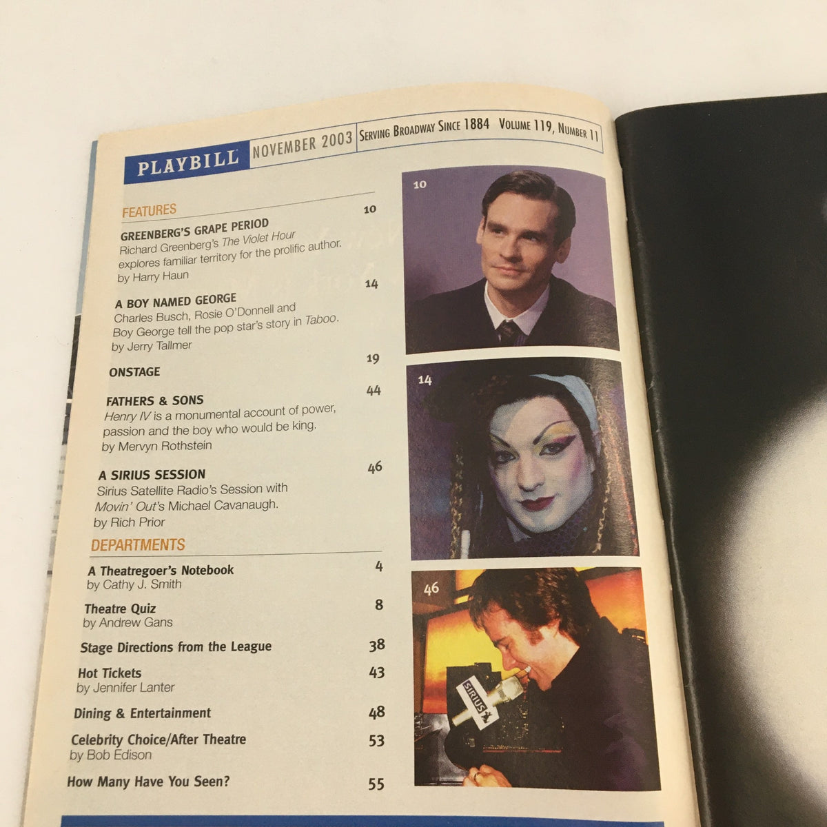Inside page of the 2003 Playbill for 'Oldest Living Confederate Widow Tells All' displaying articles and features from November 2003 including theatrical highlights.