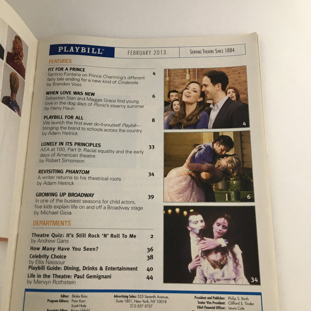 Inside page of the 2013 Playbill for 'All In The Timing', showcasing featured articles and images related to the production.