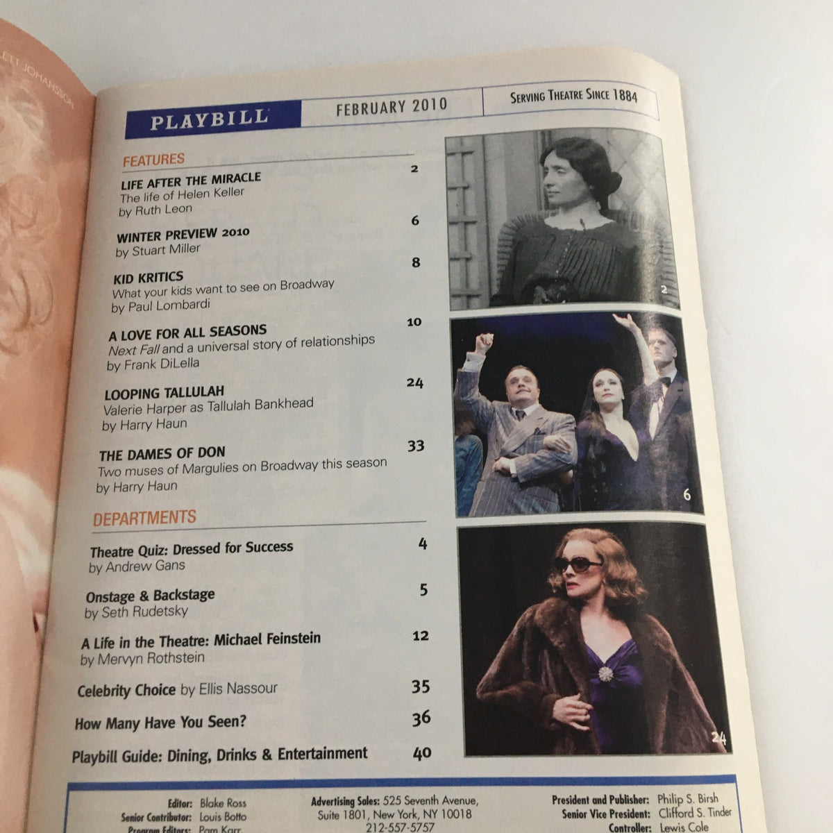 Inside page of the 2010 Playbill for 'Time Stands Still,' displaying magazine features and articles from February 2010.