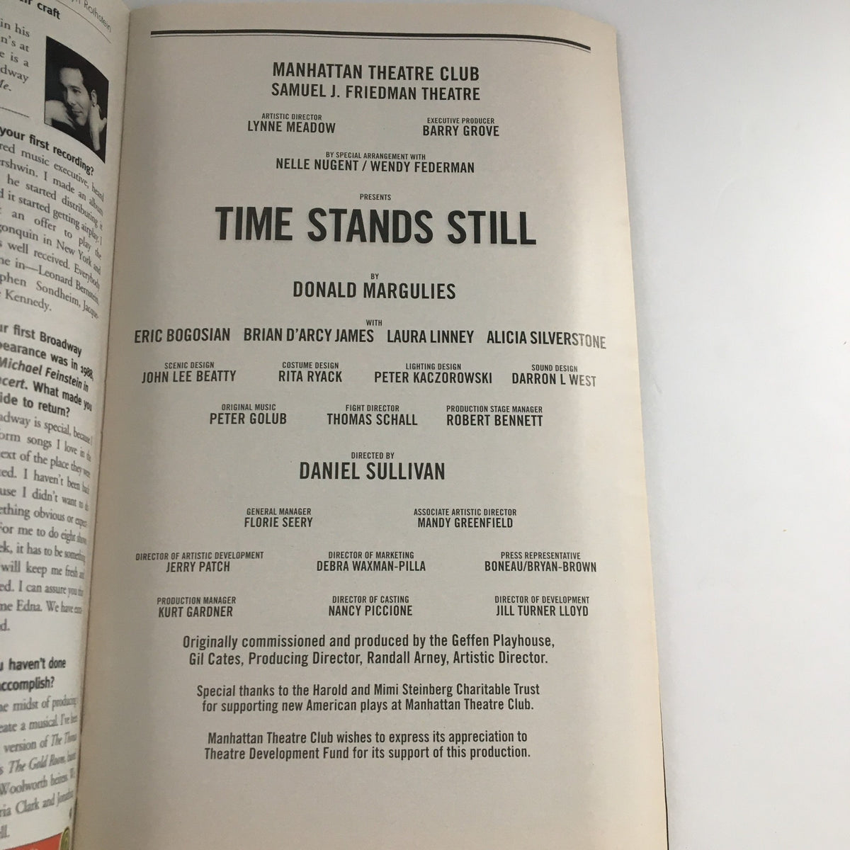 Credits page of the 2010 Playbill for 'Time Stands Still' at Samuel J. Friedman Theatre, listing the cast and creative team details.