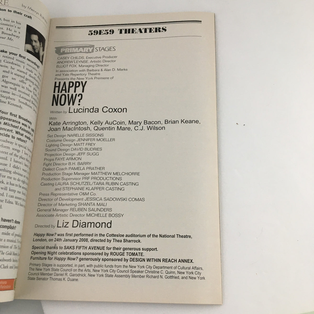 Cast and creative team details for the 2010 Playbill of Primary Stages' production of 'Happy Now?', including director Liz Diamond.