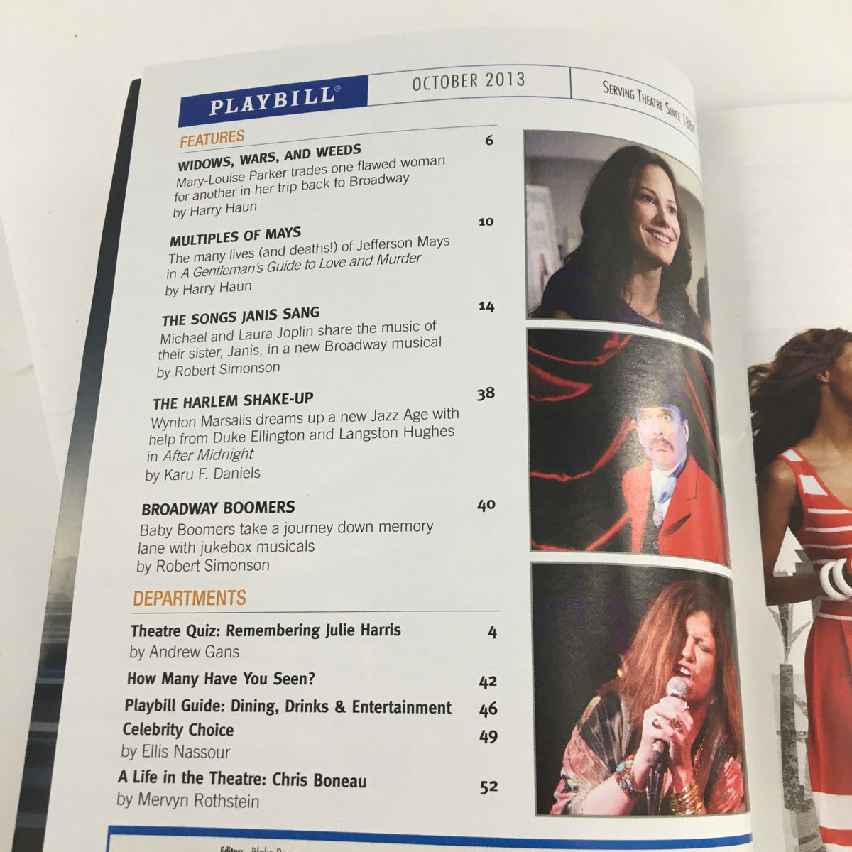 Inside page of the 2013 Playbill for 'Bronx Bombers' with featured articles and Broadway highlights.