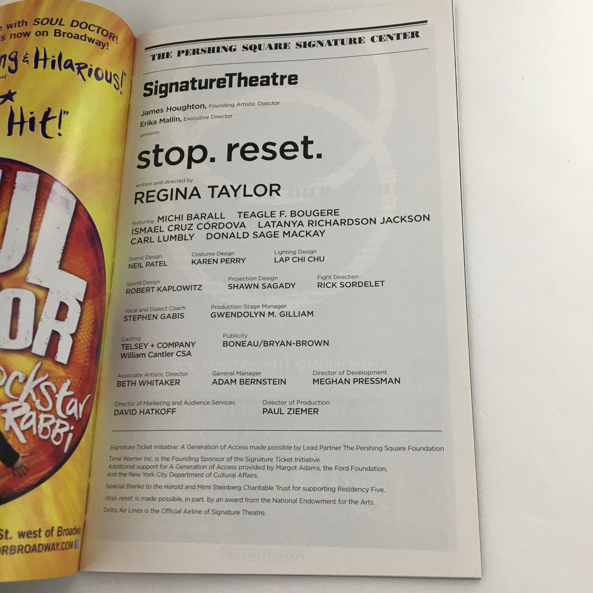 Page from the 2013 Playbill 'Stop Reset' listing cast members and production details at the Pershing Square Signature Center.