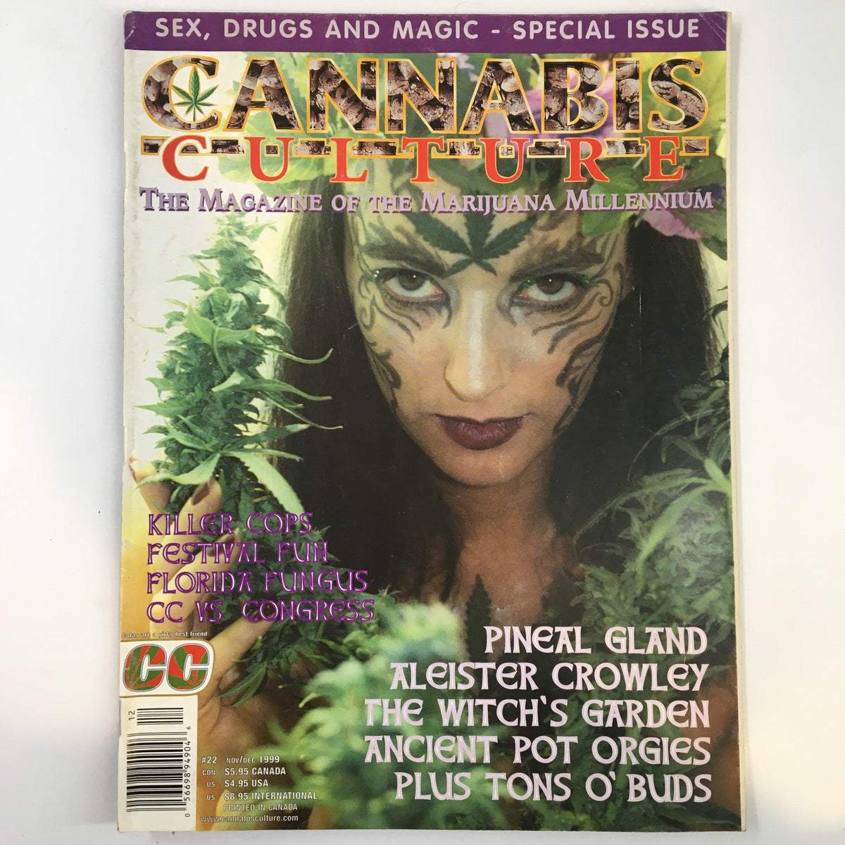 Cannabis Culture Magazine November 1999 cover featuring a woman with tattoos and foliage, highlighting articles about Festival Fun and Florida Fungus. This special issue reflects cannabis culture and vintage magazine aesthetics.