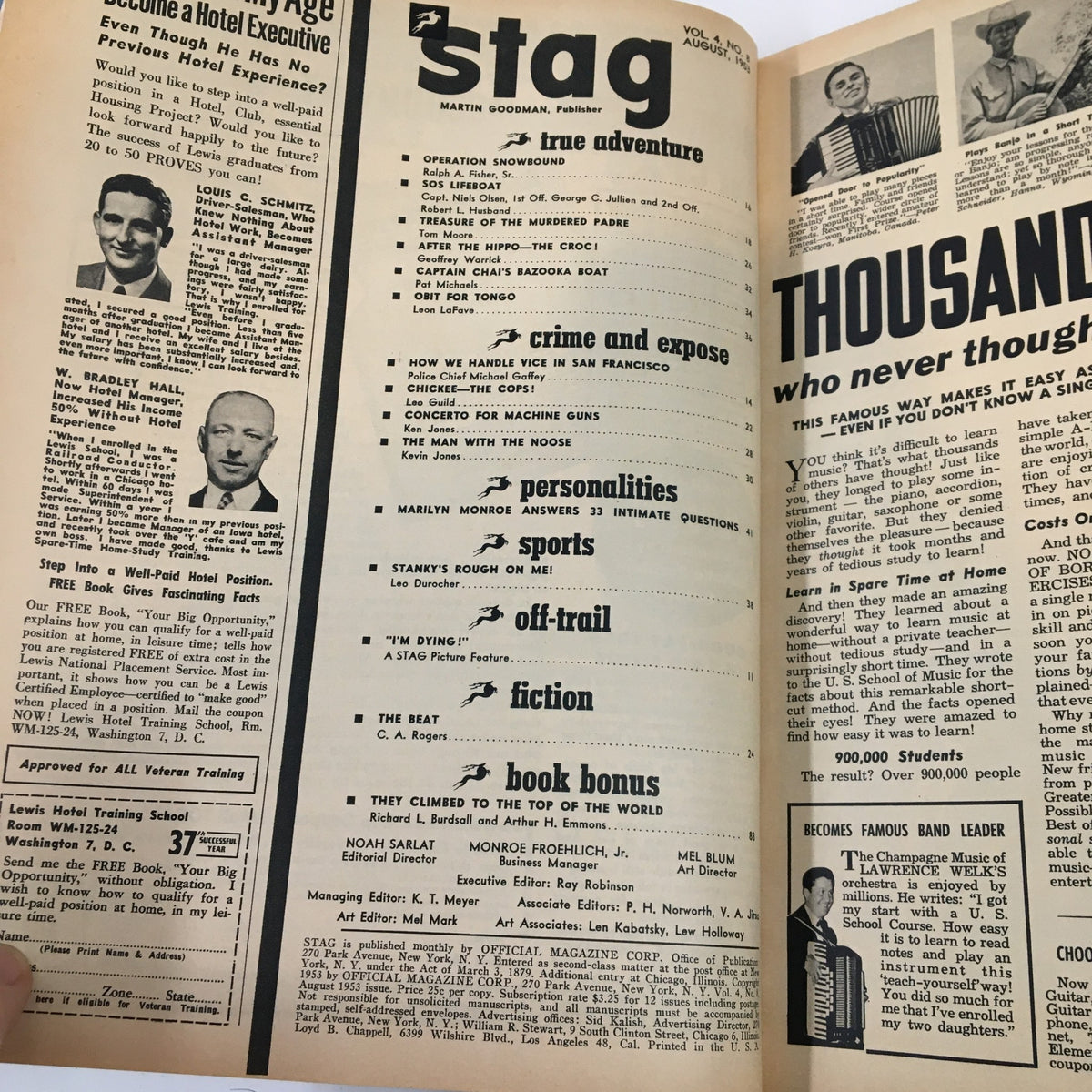 Inside page of the VTG Stag Magazine August 1953 featuring the index and Marilyn Monroe's interview section, offering insights into her life.