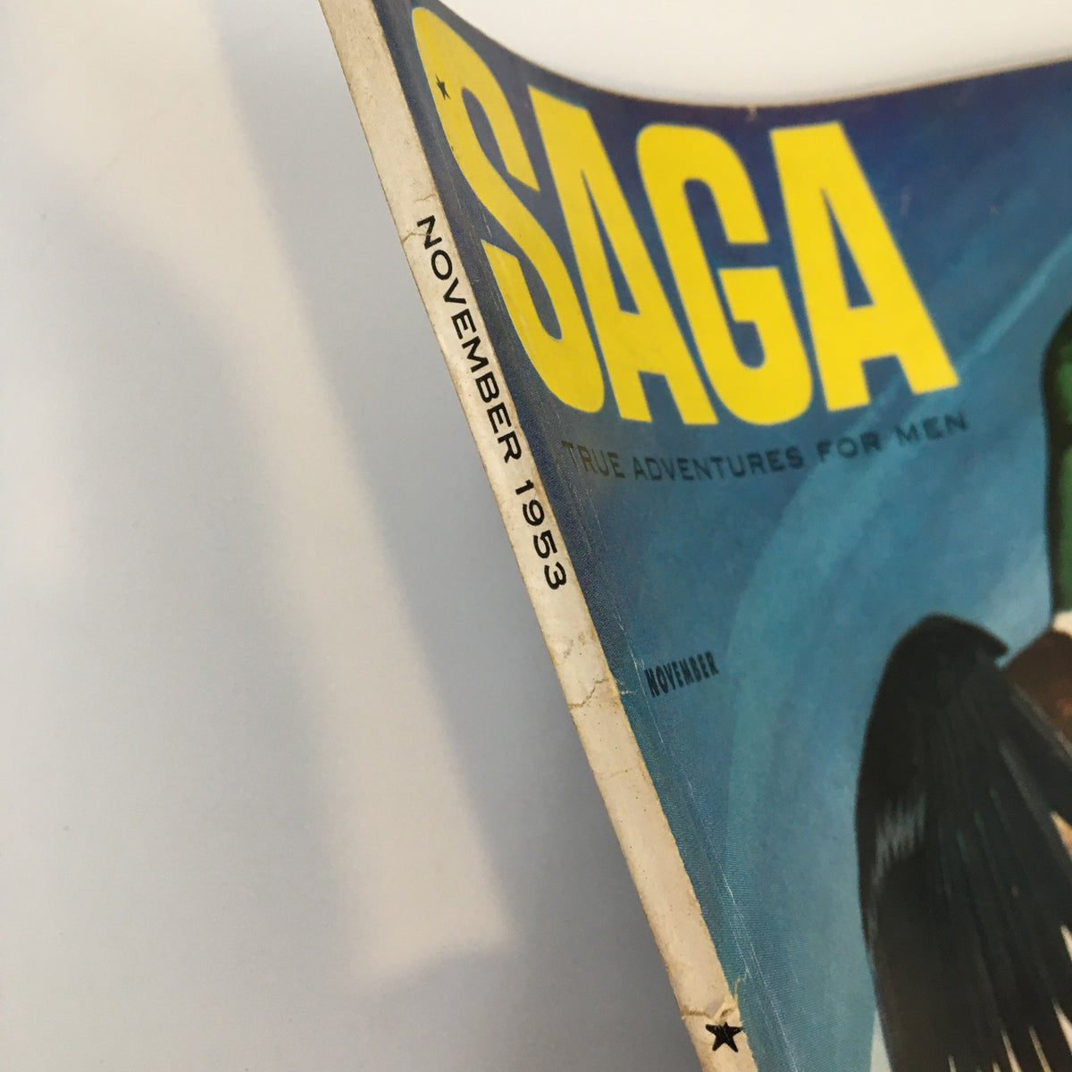 Spine of VTG Saga Magazine November 1953 Vol. 7 No. 2 displaying the month and year, with the title 'Saga: True Adventures for Men.'