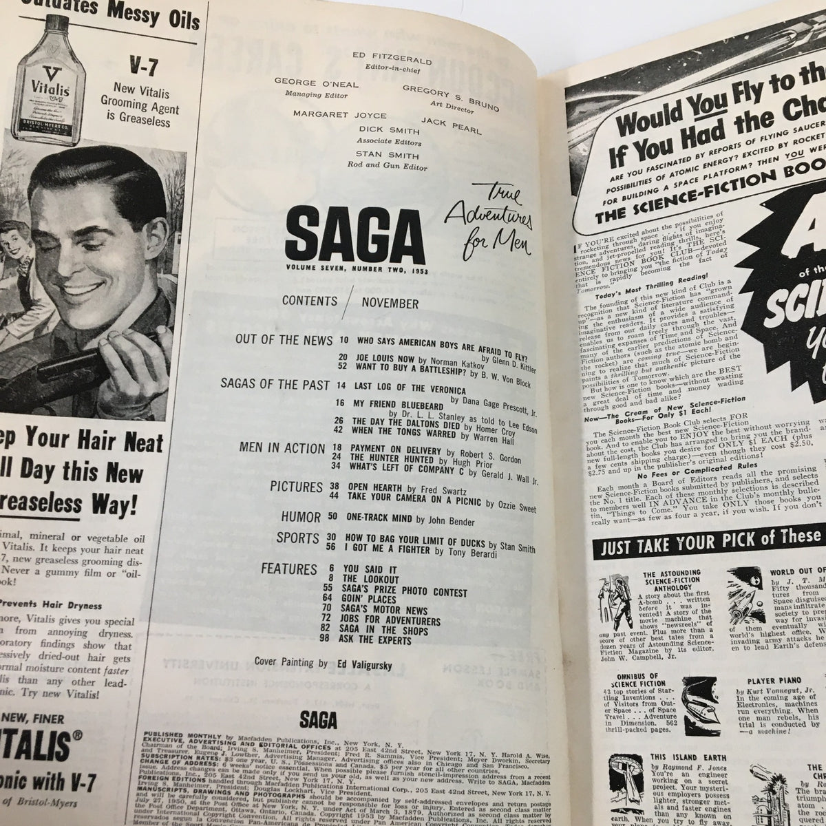 Interior page of VTG Saga Magazine November 1953 Vol. 7 No. 2 showing the table of contents, featuring articles including 'Payment on Delivery' and 'Last Log of the Veronica.'